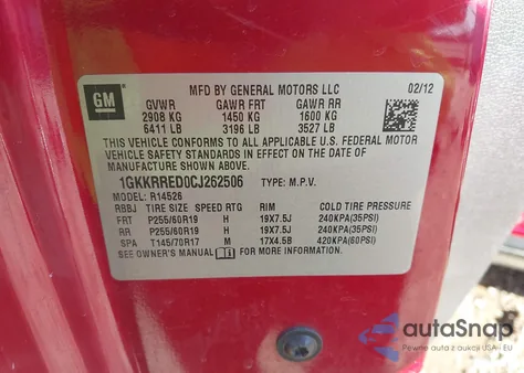 2012 GMC Acadia Slt-1 from USA, damaged, VIN 1GKKRRED0CJ262506